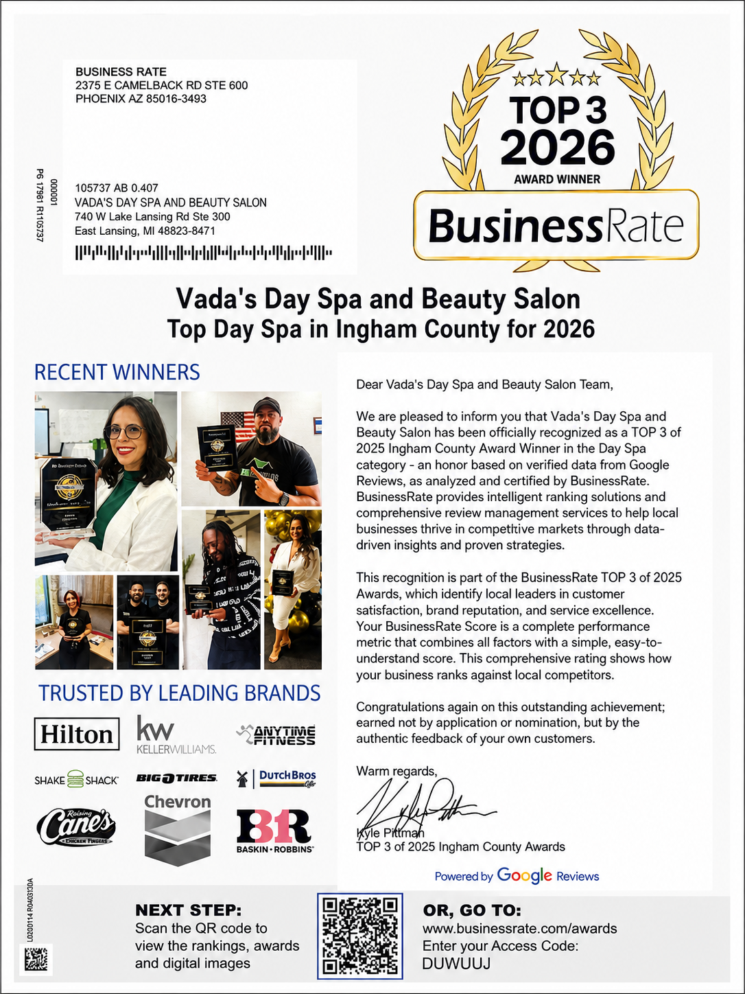 Vada's Day Spa — Award Recognition — project screenshot